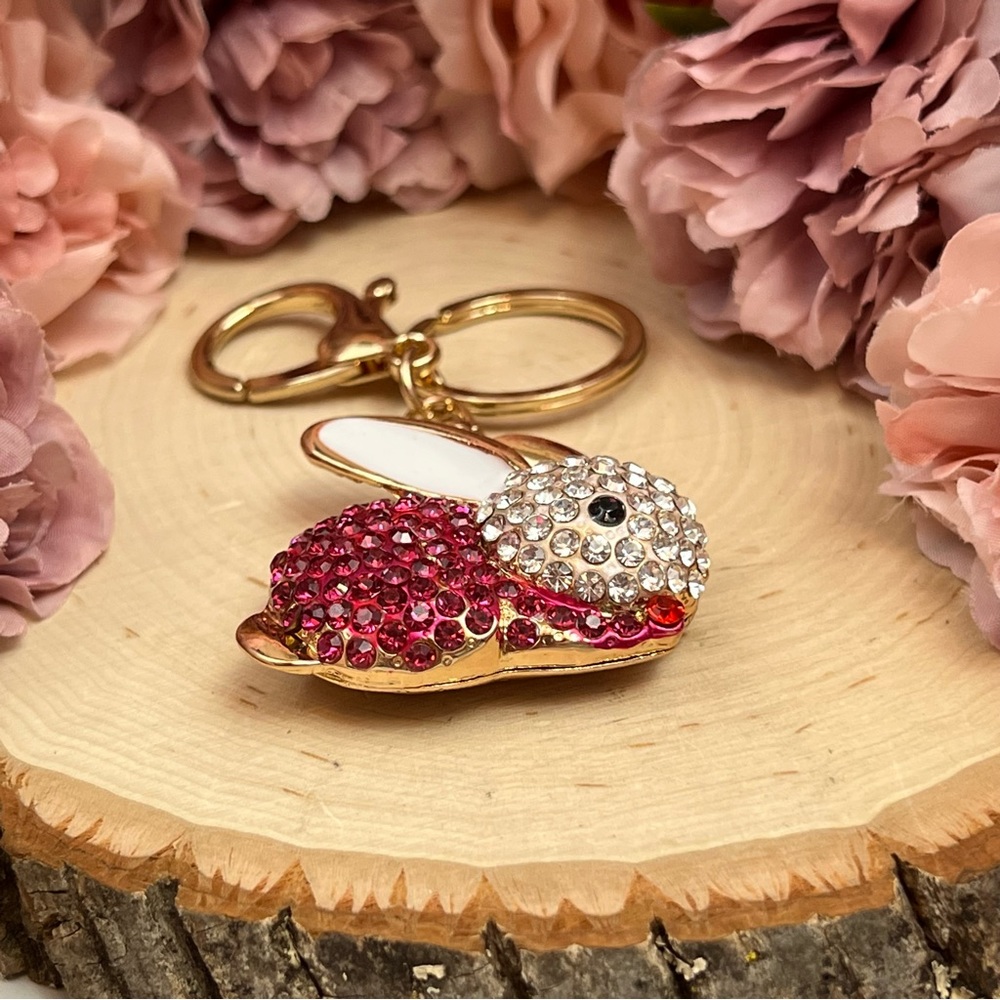 Hot Pink and Silver Crystal Bunny Rabbit Keychain Charm - Picture 10 of 14